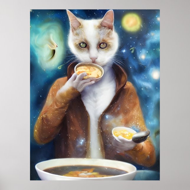 Cat in jumpsuit eating soup made out of galaxies poster (Front)