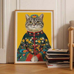 Cat in Kimono Print Colorful Cat Print Japanese Ca