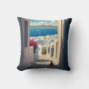 Cat in Mykonos Greece Cyclades Travel Cushion