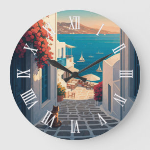 Cat in Mykonos Greece Cyclades Travel Sunset Large Clock
