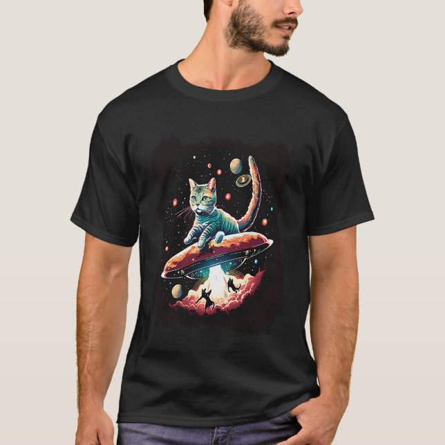 Cat In Outer Space UFO Alien Abduction Science Fic T-Shirt (Front)