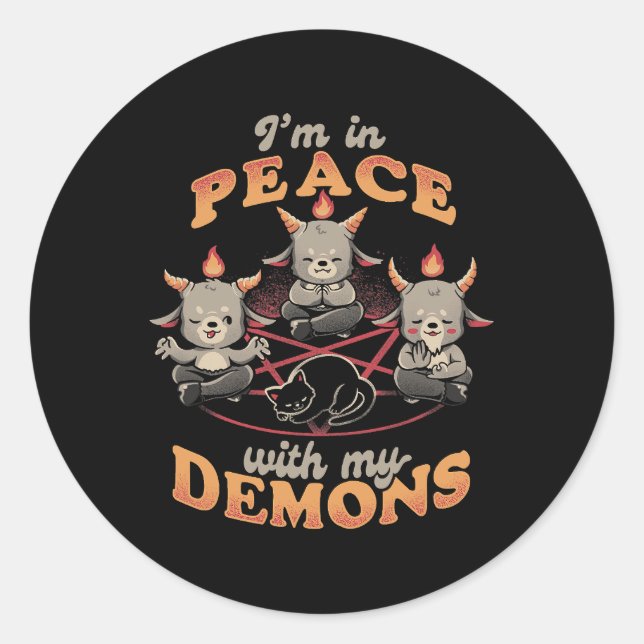 Cat In Peace With My Demons Cute Baphomet Funny Ha Classic Round Sticker (Front)