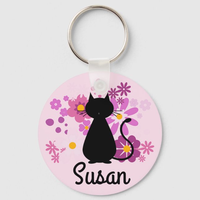 Cat in Pink Flowers Key Ring (Front)