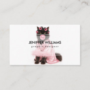 Cat in Pink Robe with Hair Curlers and Bubblegum   Business Card