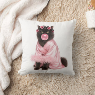 Cat in Pink Robe with Hair Curlers and Bubblegum Cushion