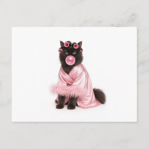 Cat in Pink Robe with Hair Curlers and Bubblegum Postcard