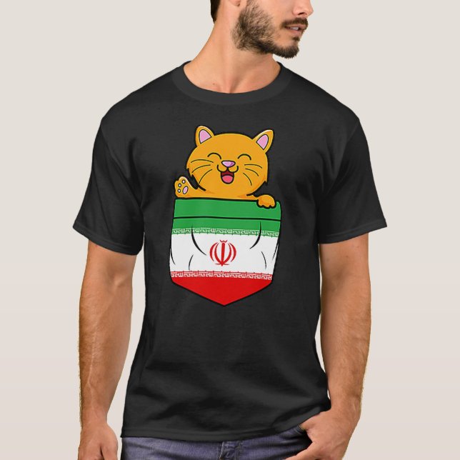 Cat In Pocket Iranian Flag Iran Roots T-Shirt (Front)