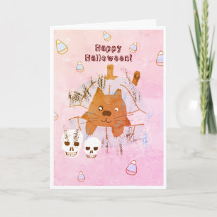 Cat in Pumpkin Candy Corn Skull Kids Halloween  Card
