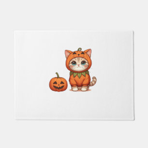 Cat in Pumpkin Costume for Halloween Doormat