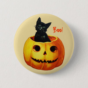 Cat in Pumpkin Vintage Halloween Button
