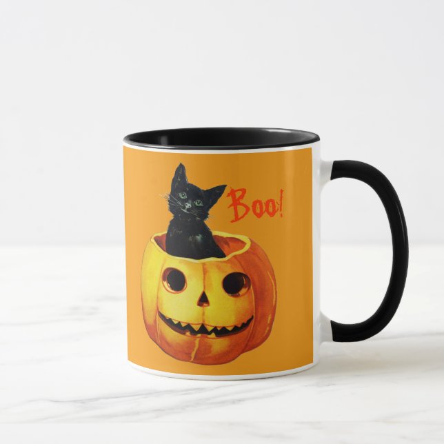 Cat in Pumpkin Vintage Halloween Coffee Mug (Right)
