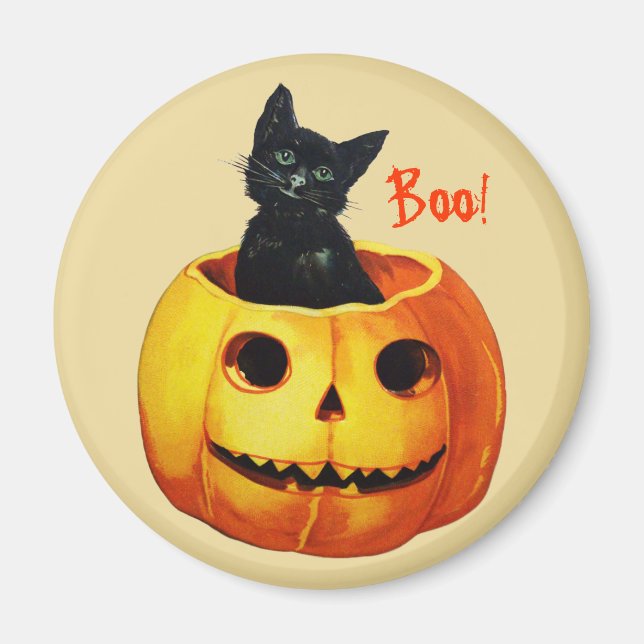Cat in Pumpkin Vintage Halloween Magnet (Front)