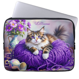 Cat in Purple Yarn and Flowers Personalized Laptop Sleeve