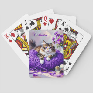 Cat  in Purple Yarn and Flowers   Playing Cards