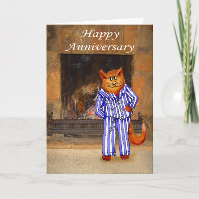 Cat in Pyjamas, Happy Anniversary Card (Front)