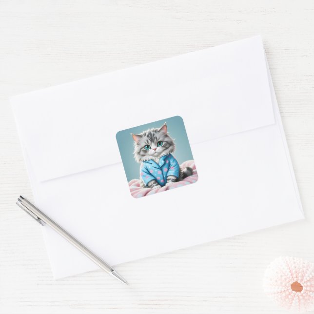 Cat In Pyjamas Square Sticker (Envelope)