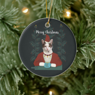 Cat in Santa clothes Christmas Card Ceramic Tree Decoration