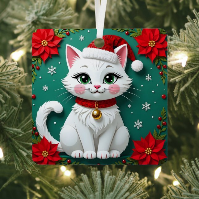Cat in Santa Hat Poinsettias Festive Christmas  Metal Tree Decoration (Insitu)