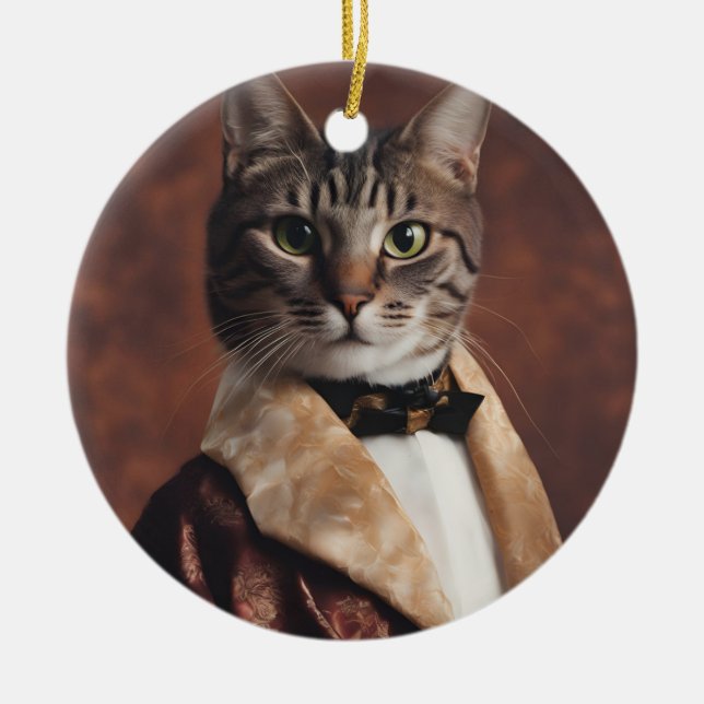 Cat in Smoking Jacket Ceramic Tree Decoration (Front)