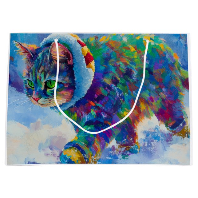Cat in Snow Wearing Ear Muffs Large Gift Bag (Front)