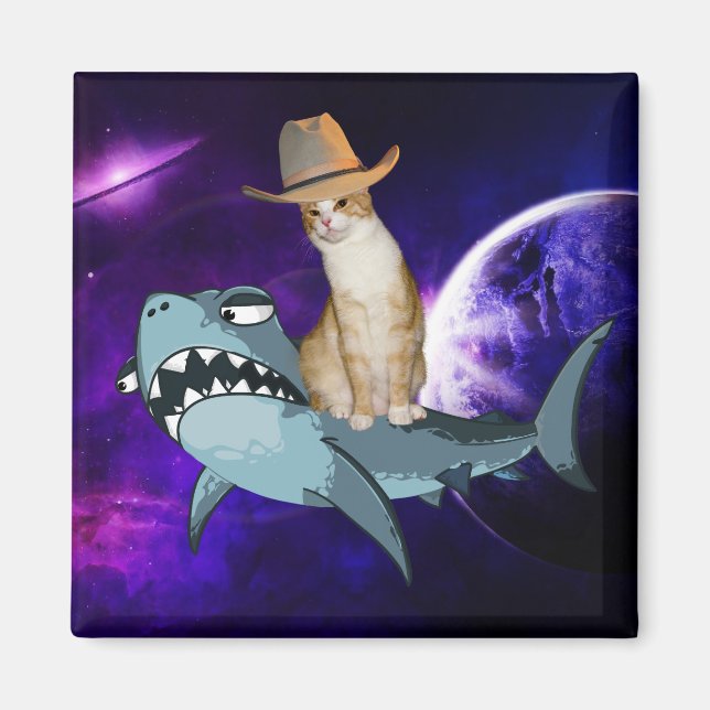 CAT IN SPACE RIDNG A SHARK MAGNET (Front)