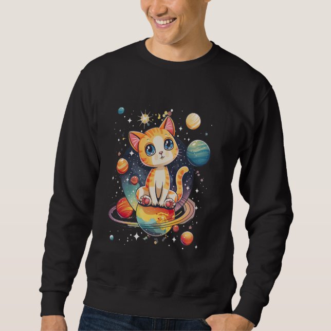 cat in space with planets in galaxies jupiter kids sweatshirt (Front)