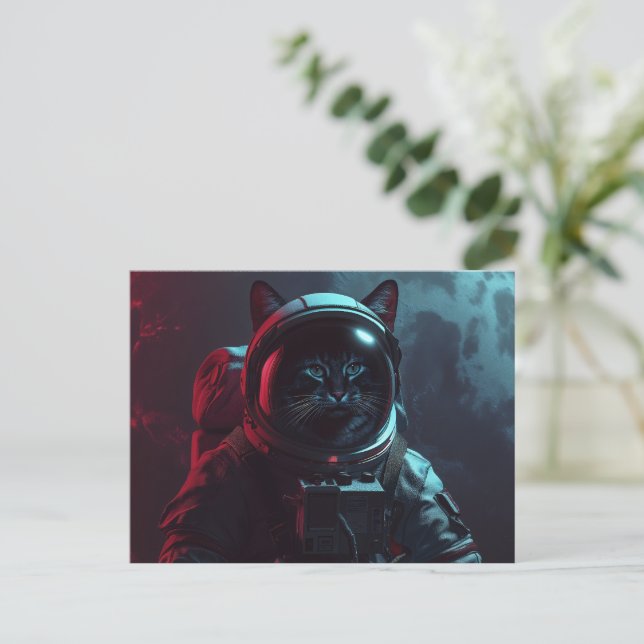 Cat in Space with Space Suit and Moon Postcard (Standing Front)