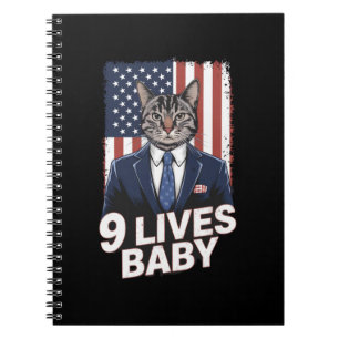 Cat in Suite with Trump Hair American Flag 9 Lives Notebook