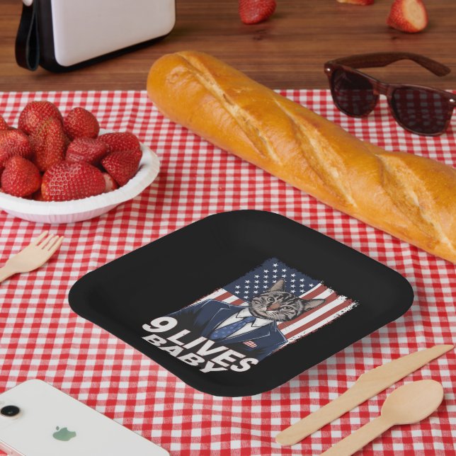 Cat in Suite with Trump Hair American Flag 9 Lives Paper Plate (Picnic)