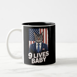 Cat in Suite with Trump Hair American Flag 9 Lives Two-Tone Coffee Mug