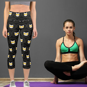 Cat In Sun Glasses And Dot On White Yellow Black Capri Leggings