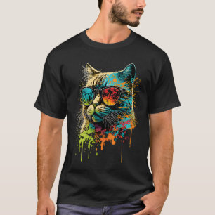 Cat In Sunglasses Abstract Print Rainbow Music Cat T-Shirt
