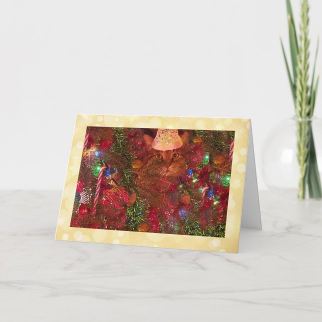 Cat In The Christmas Tree Holiday Card (Front)