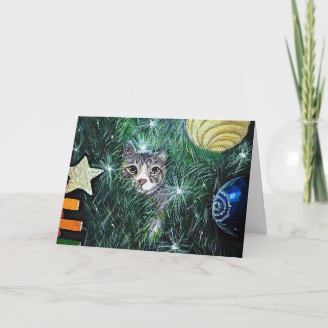 Cat in the Christmas Tree Painting Card (Front)
