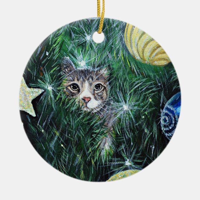 Cat in the Christmas Tree Painting Ceramic Tree Decoration (Front)