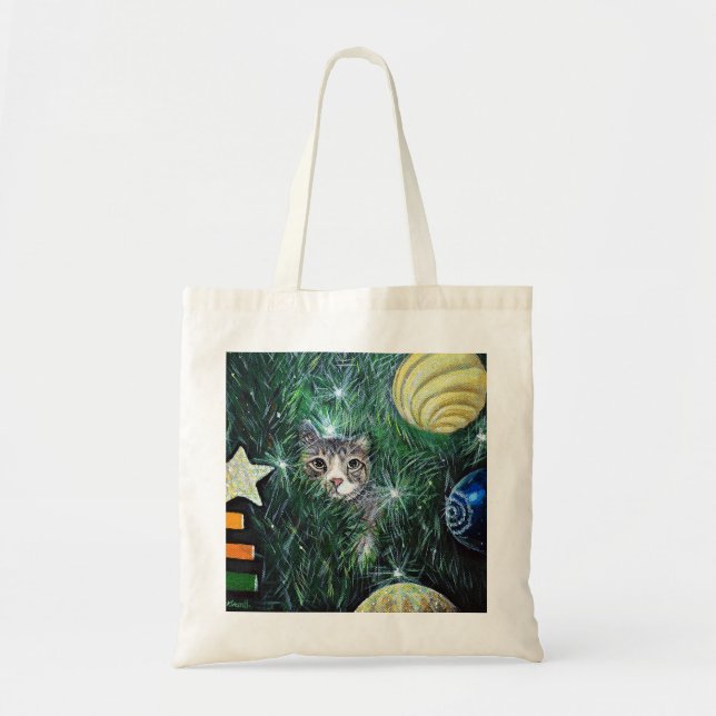 Cat in the Christmas Tree Painting Tote Bag (Front)