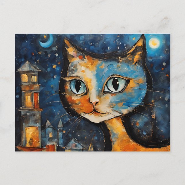 Cat in the City at Night Postcard (Front)