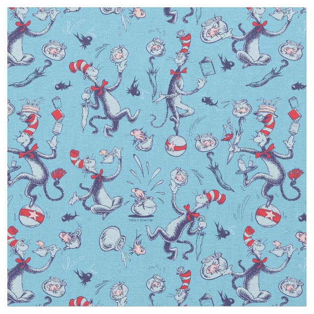 Cat In The Hat | Blue Pattern Fabric (Close Up)
