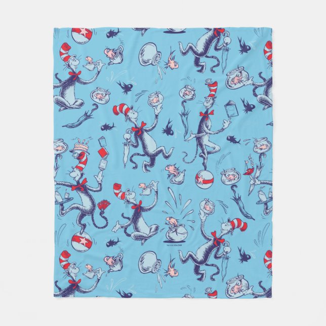 Cat In The Hat | Blue Pattern Fleece Blanket (Front)