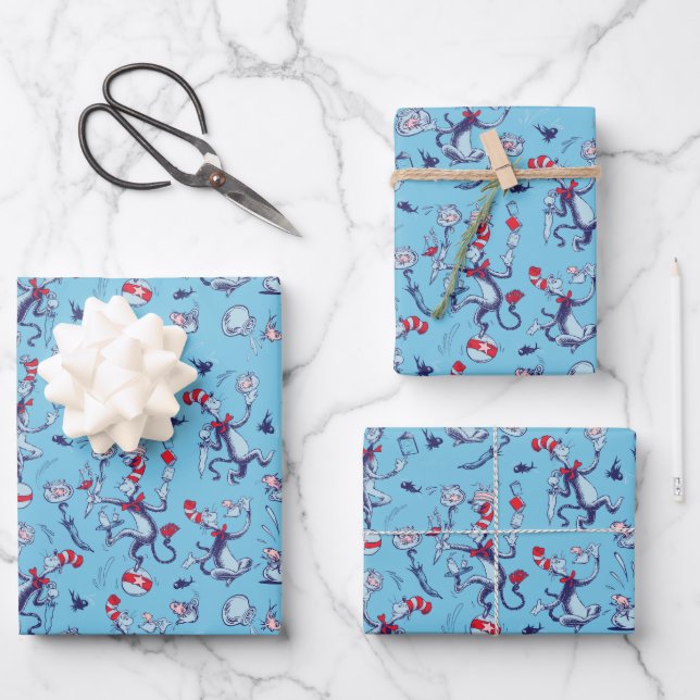 Cat In The Hat | Blue Pattern Wrapping Paper Sheet (Front)