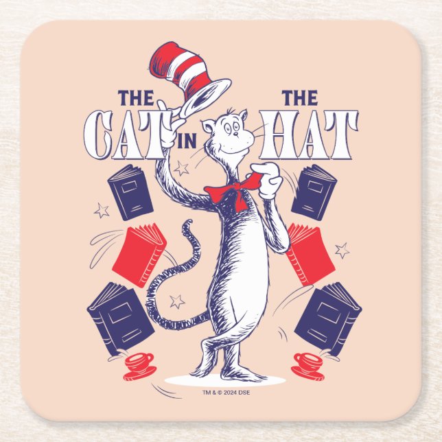 Cat In the Hat | Reading Books Square Paper Coaster (Front)