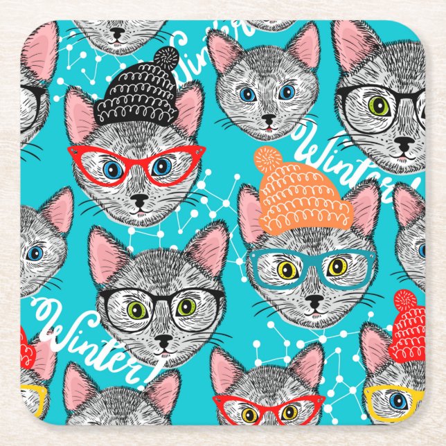 Cat in the hat square paper coaster (Front)