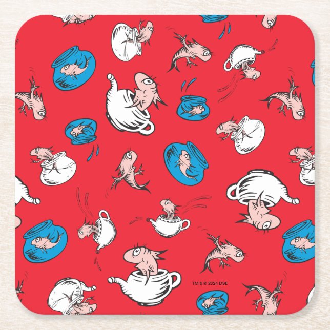 Cat In The Hat | The Fish Red Pattern Square Paper Coaster (Front)