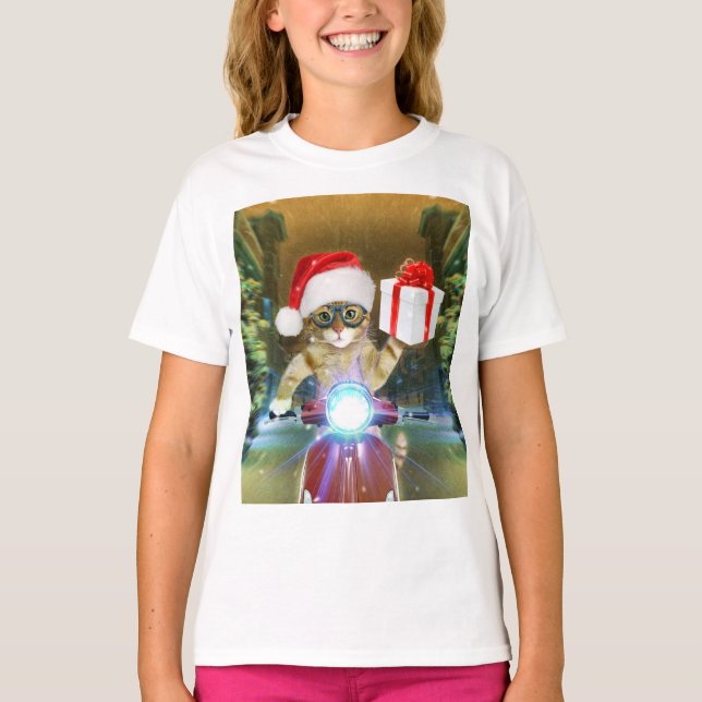 Cat in the Santa Claus hat delivers Christmas gift T-Shirt (Front)