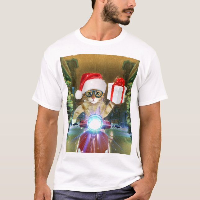 Cat in the Santa Claus hat delivers Christmas gift T-Shirt (Front)
