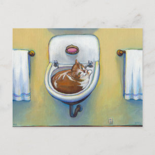 Cat in the sink painting fun happy whimsical art postcard