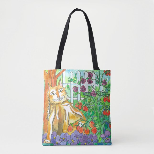 Cat In The Vegetable Garden Watercolor Painting Tote Bag (Front)