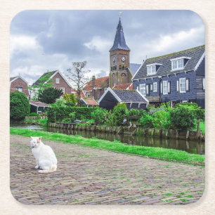 Cat in traditional fishing village square paper coaster