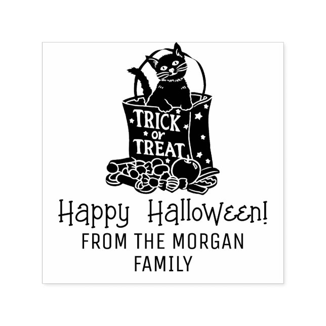 Cat in Trick Treat Bag Happy Halloween Wishes Name Self-inking Stamp (Design)