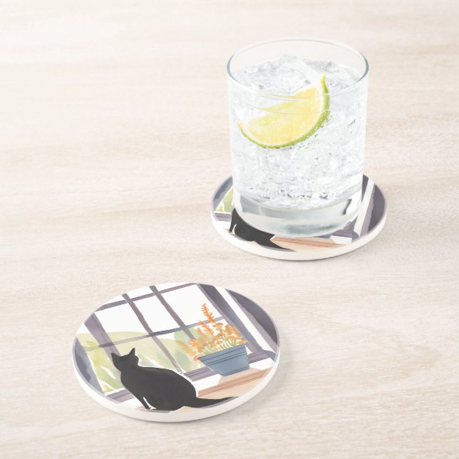 Cat in Windowsill | Silhouette Watercolor  Coaster (Side)